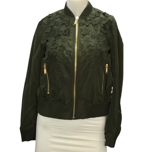 Michael Michael Kors Women's Olive Green Embroidered Flower Bomber Jacket XXS - Picture 2 of 12
